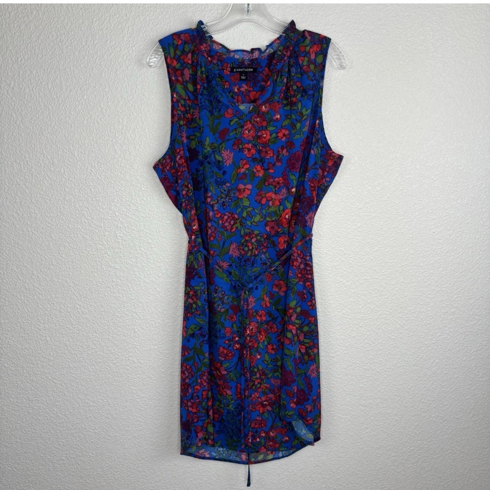 41 Hawthorn Dress Large Blue Pink Floral Sleeveless Ruffle Collar Tie Waist